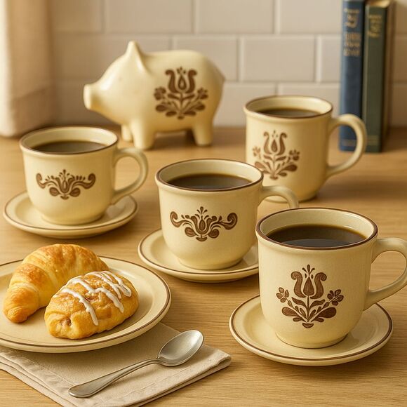 Pfaltzgraff Village Coffee Cups Set of 4 – Vintage Stoneware 1970s Brown Floral - Picture 1 of 12